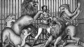 A lion tamer in a cage holding off several lions with a remarkably chilled-out expression