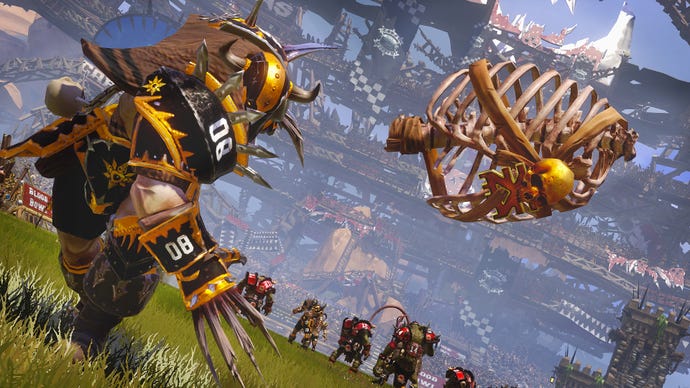 An orc throwing a ribcage on the field in Blood Bowl 2