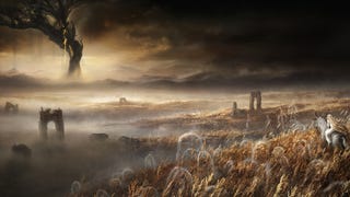 Concept art for Elden Ring's Shadow Of The Erdtree expansion, showing a burnt tree in the distance and a character riding Torrent in the foreground.