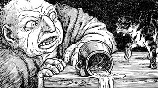 A 1916 drawing of an ogre with a spilled mug beholding an angry cat