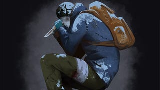 An illustration of an ailing Long Dark player curled up holding a knife and covered in snow