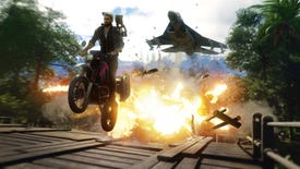 The hero of Just Cause 4 rides a motorbike away from an explosion and a pursuing fighter jet.