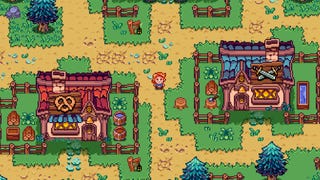 A village centre with a bakery and weapons shop and the player standing on a path between them.