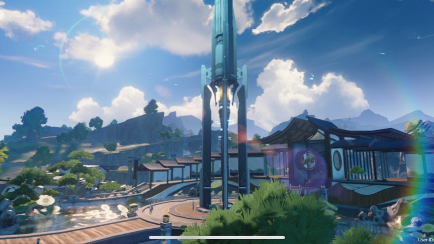At Jinzhou in Wuthering Waves, the Resonance Nexus tower glows blue after it’s activated within the middle of the city.