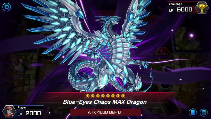The huge and impressive Blue-Eyes Chaos MAX Dragon in Yu-Gi-Oh! Master Duel